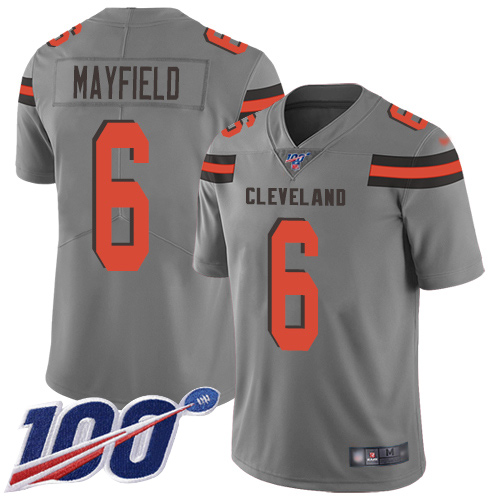 Cleveland Browns Baker Mayfield Men Gray Limited Jersey #6 NFL Football 100th Season Inverted Legend->cleveland browns->NFL Jersey